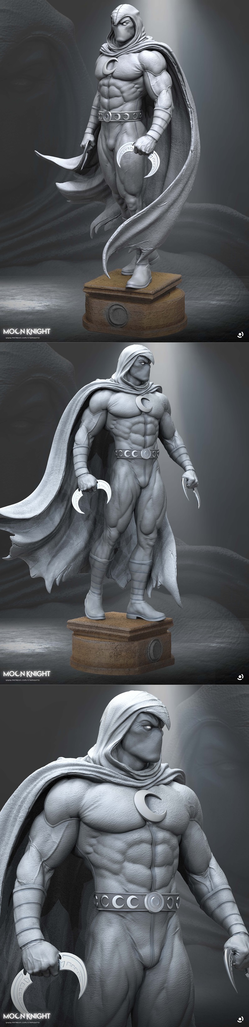 Stalyn Quito 3D model of Moon Knight, a muscular figure in a hooded cape, holding crescent darts, standing on a textu...