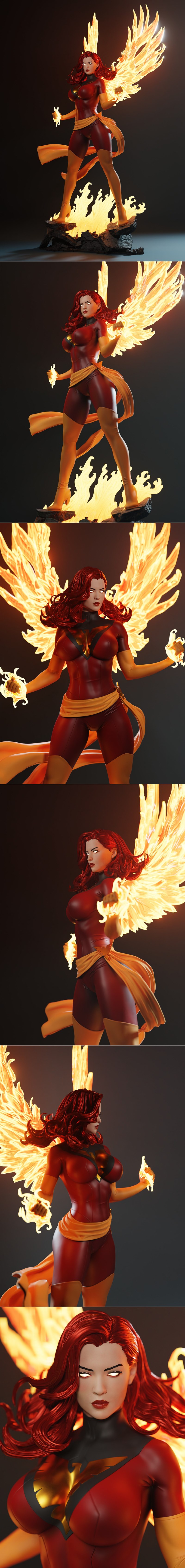 Jean Grey Dark Phoenix 3D model by Abe3D, standing heroically with fiery wings and energy blasts, wearing a red and g...