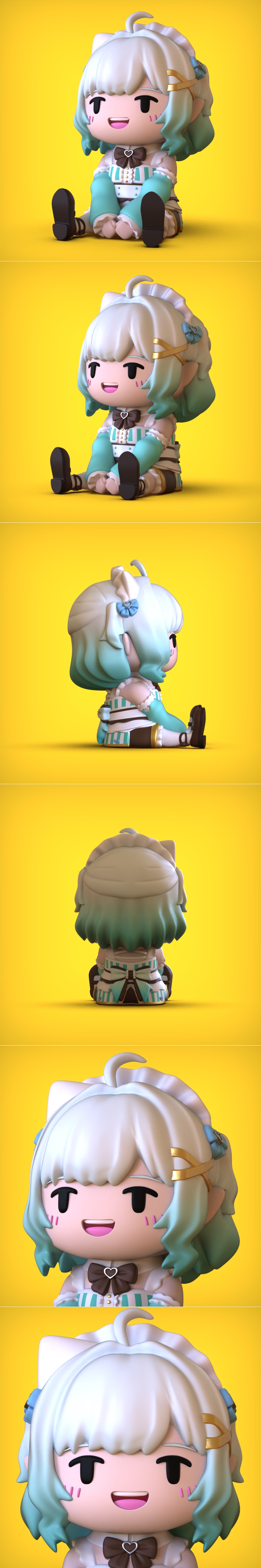 Chibi Minto 3D model figure, sitting pose, wearing a maid outfit with a brown bow and teal sleeves, against a bright...