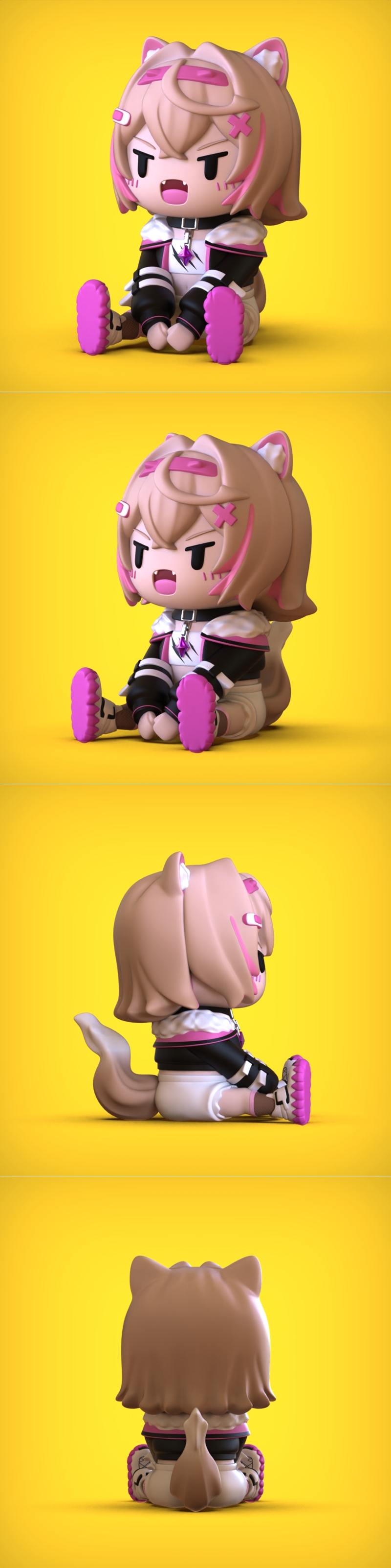 Chibi Mococo figure with cat ears, sitting down, wearing a collar and a white outfit with pink and black accents.