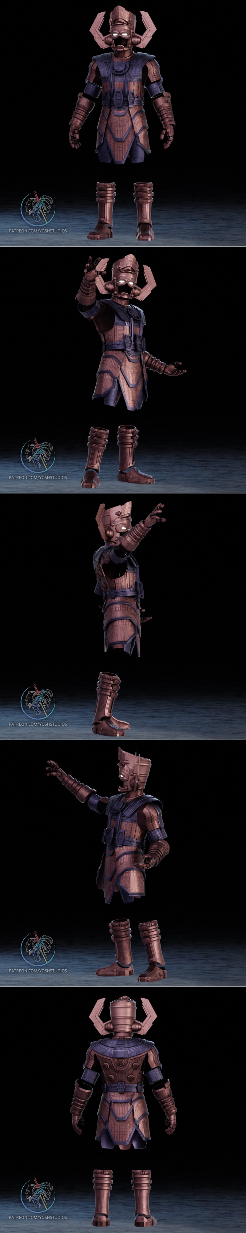 3D model of Galactus Armor, featuring a detailed helmet, chest plate, and segmented legs. The figure is posed with on...
