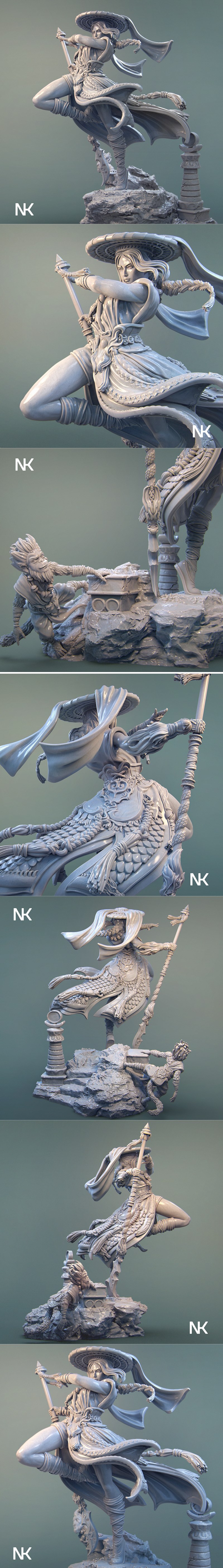3D model of Mu Ron Yin, the Wind Master, a female fantasy character in a dynamic mid-air pose, wearing a wide hat and...