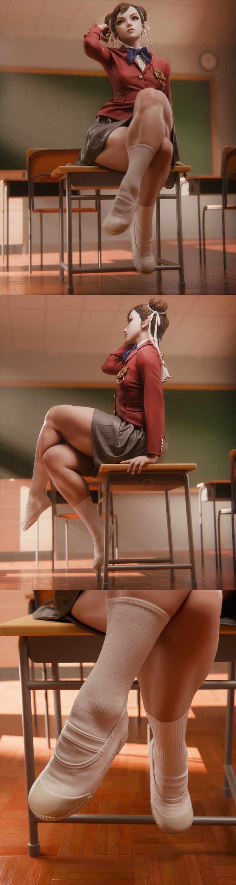 Chun Li in a red school blazer, grey skirt, and thigh-high socks, sitting on a desk with one hand on her head. Anime-...