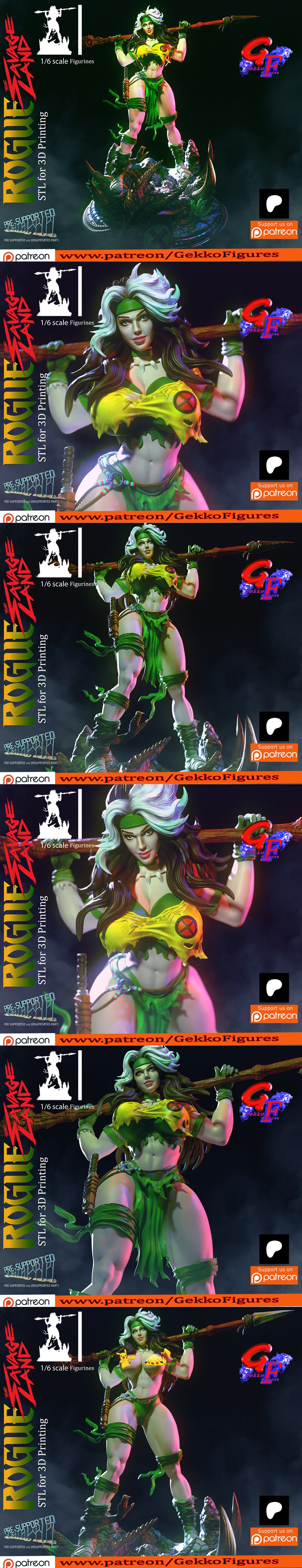 1/6 scale 3D model of Rogue from X-Men in a Savage Land theme, wearing a tribal green and yellow outfit and holding a...