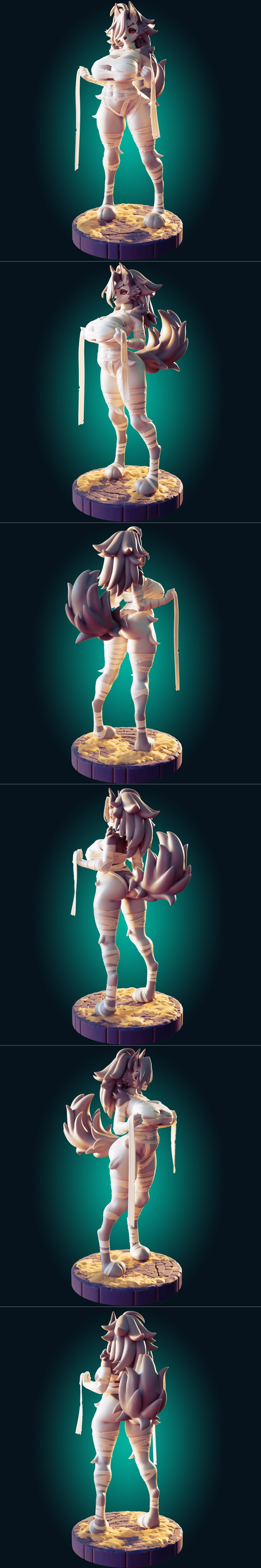 Officer Rhu's Mummy Loona 3D model, a stylized werewolf character wrapped in bandages, revealing her form, standing o...