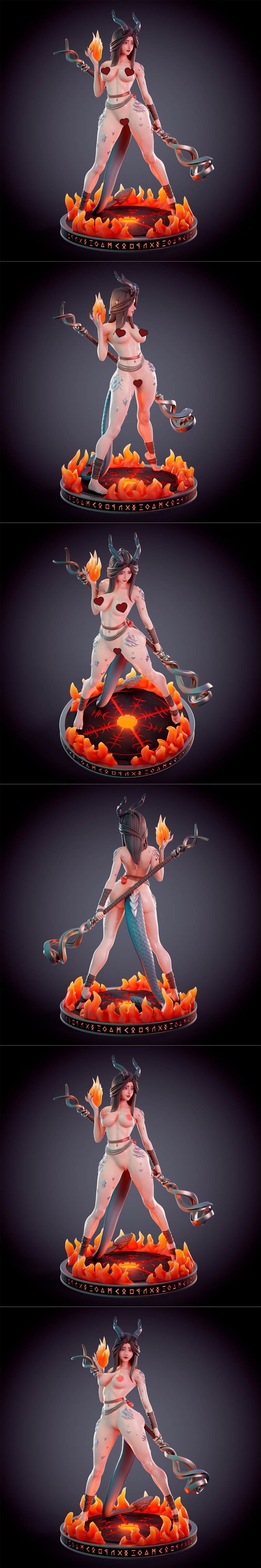 Dragonborn fire priestess figure with horns and tail, holding a flame and staff, standing on a fiery base with runes....