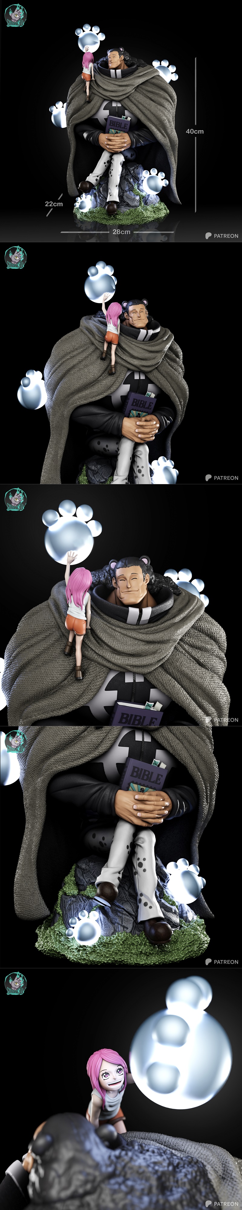 3D model figure of Bartholomew Kuma from One Piece, seated with a Bible, while Jewelry Bonney climbs on his shoulder,...