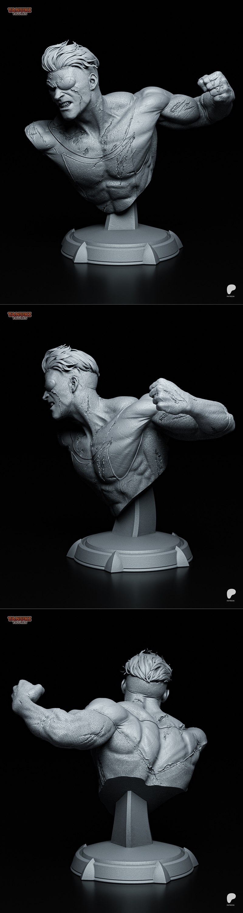Mark Grayson Invincible bust, grimacing with clenched fist raised, battle-worn skin and suit details, displayed on a...