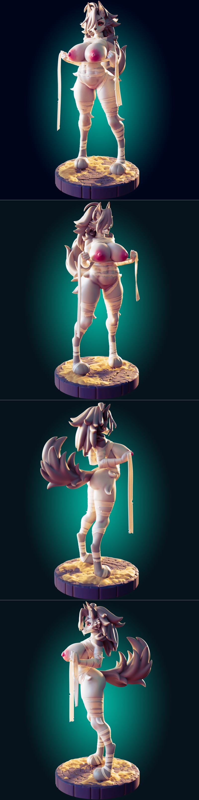 Officer Rhu's Mummy Loona 3D model, a stylized werewolf character wrapped in bandages, revealing her form, standing o...