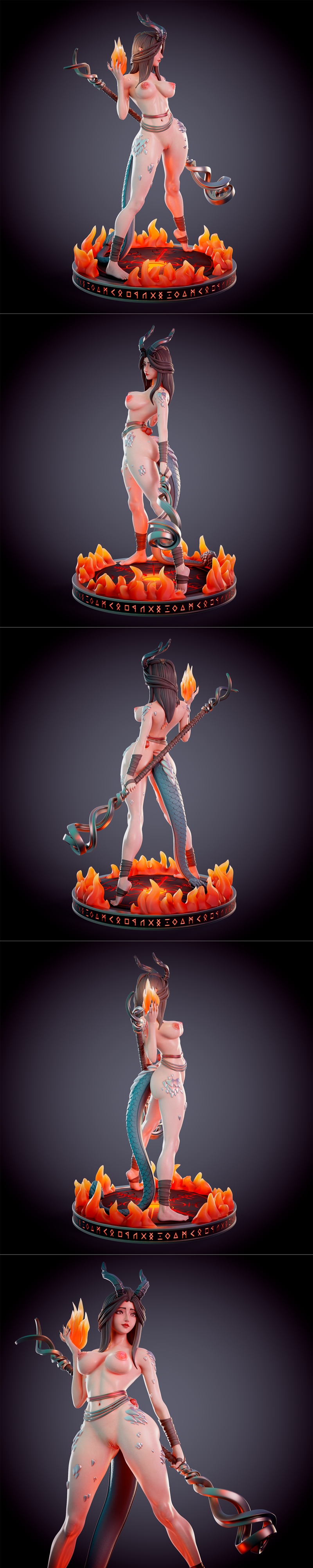 Dragonborn fire priestess figure with horns and tail, holding a flame and staff, standing on a fiery base with runes....