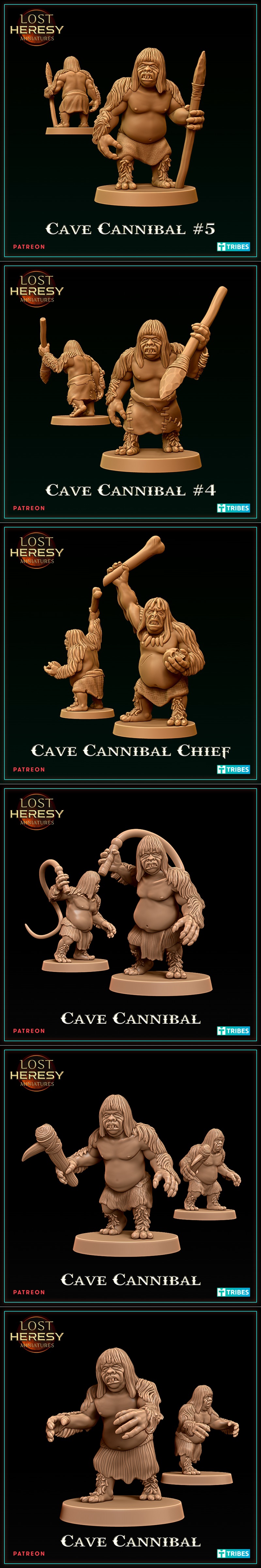 Six 3D printable miniatures of primitive cave cannibals, each with unique prehistoric weapons like bone clubs, spears...
