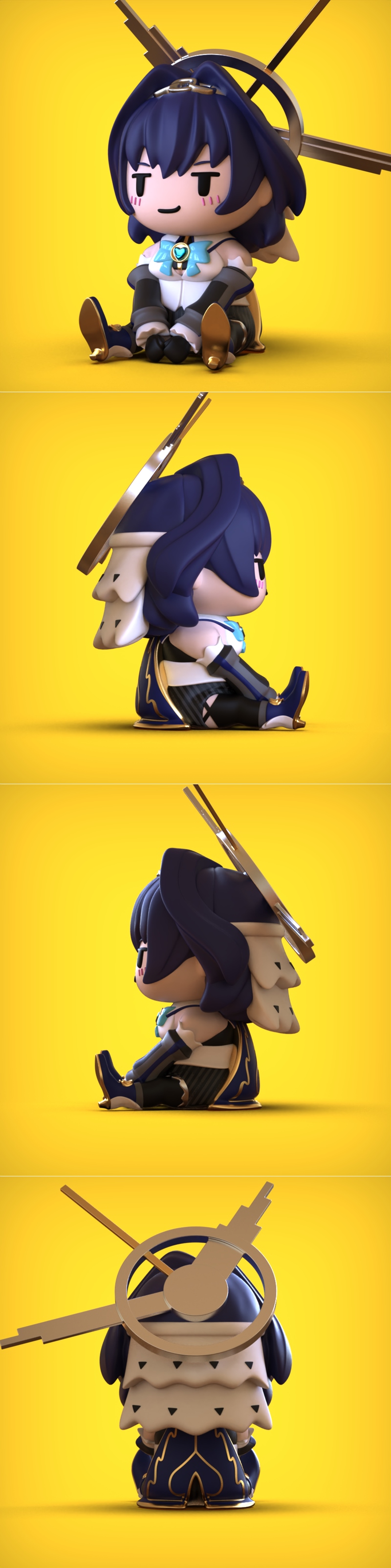 Chibi Kronii figure with blue hair, wings, and a halo, sitting down. The model wears a white and blue outfit with gol...