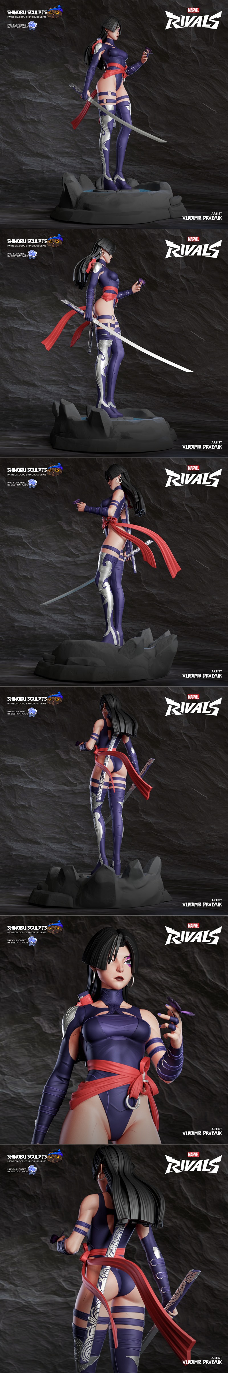 Psylocke 3D model figure by Shinobu Sculpts, wearing a purple bodysuit with red sash, holding a katana and a butterfly.