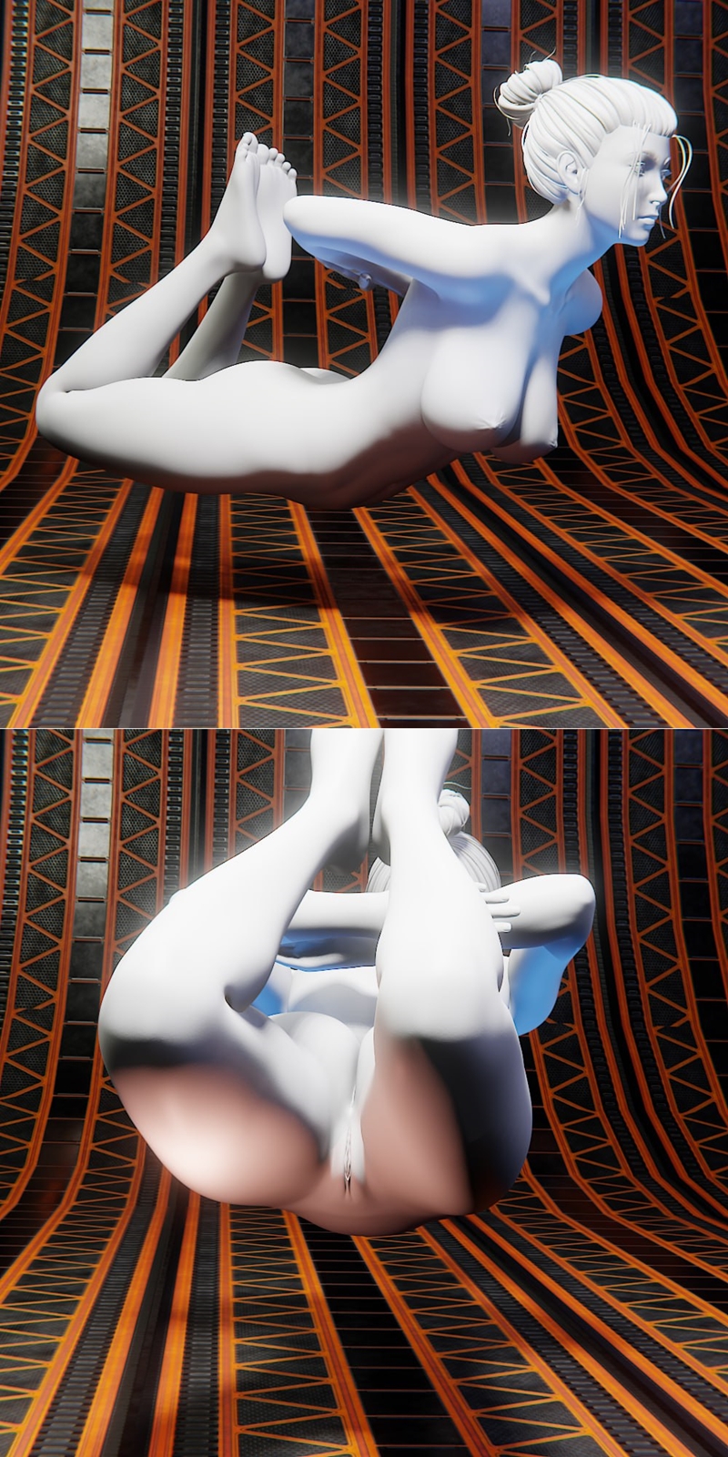 White 3D model of a female figure in a Shibari-inspired pose, reclining on a patterned floor with orange and black ge...