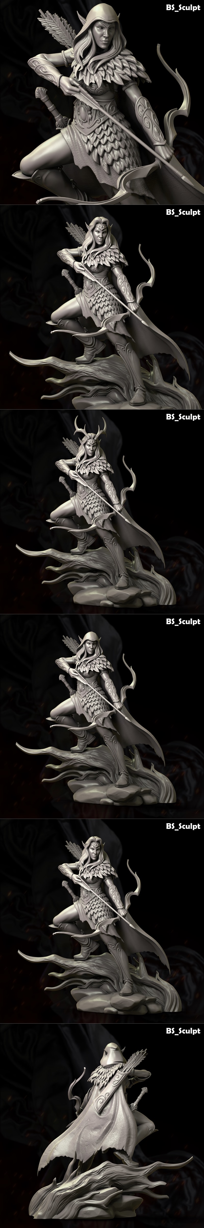 BS-Sculpt Bulat Forest Elf Archer 3D model, main figure drawing a bow, wearing a hood and feather-like armor, with tw...