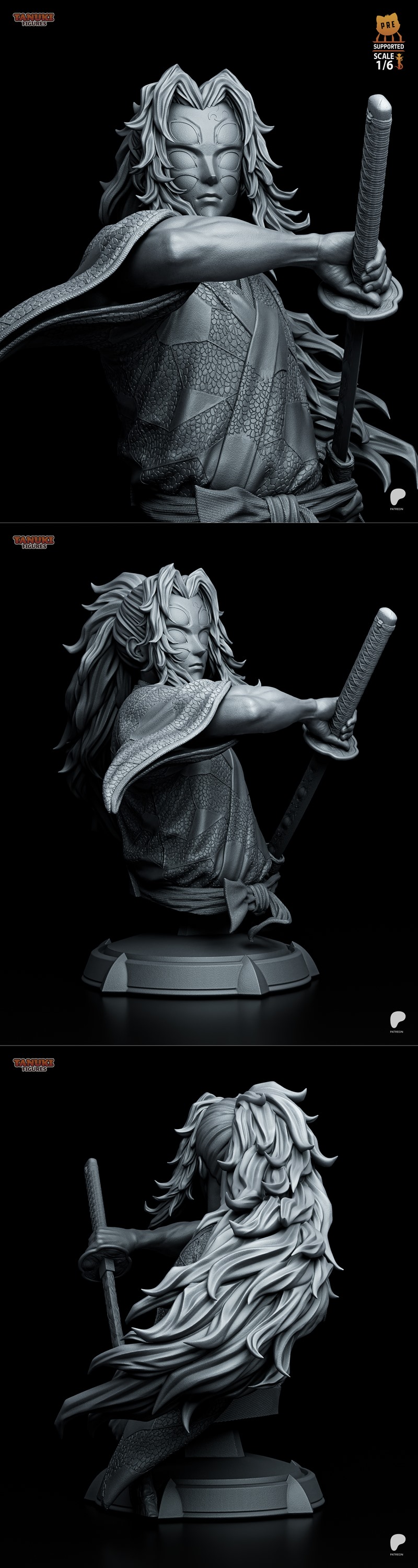 Tanuki Figures 3D bust of Kokushibo from Demon Slayer, wearing a mask and holding a katana.