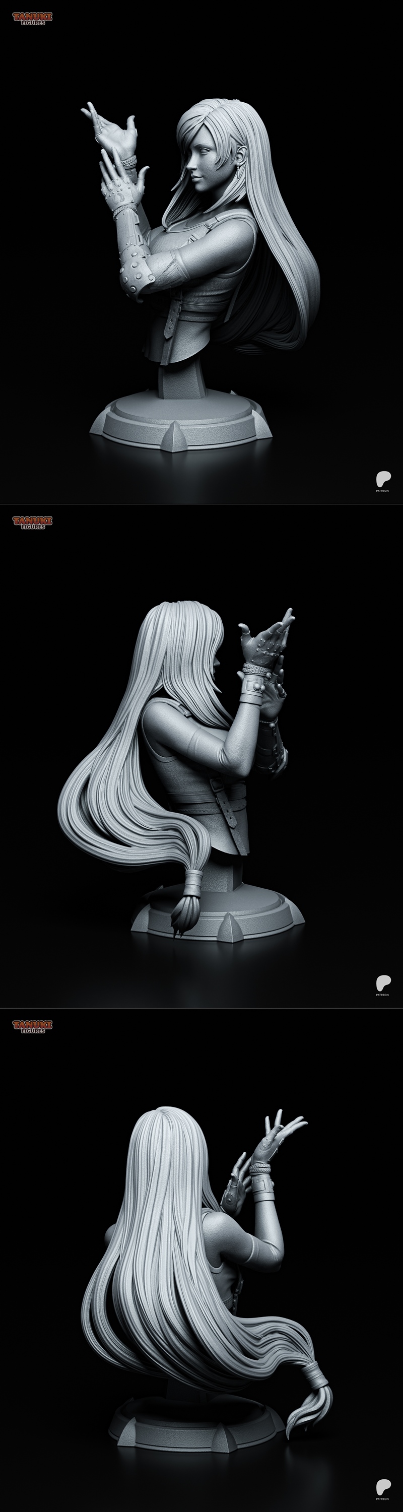 3D printable bust of Tifa Lockhart from Final Fantasy VII by Tanuki Figures. She has long hair, detailed arm guards,...
