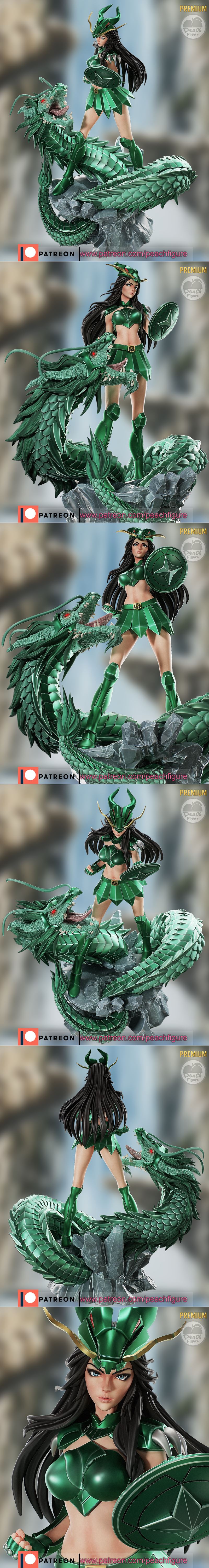 Female Shiryu from Saint Seiya in green armor, standing over a green dragon, holding a shield. Peach Figure 3D model.