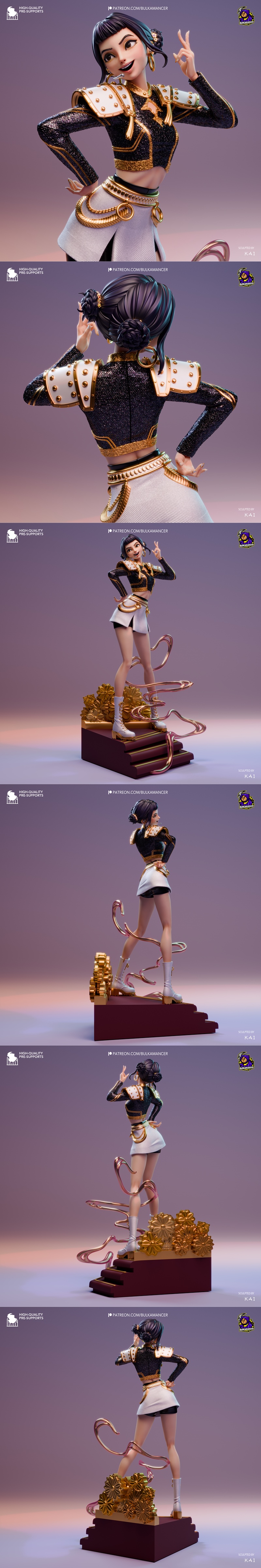 3D model of Zoey, a K-pop demon hunter, in a black and gold stage outfit with white accents, striking a pose with a m...