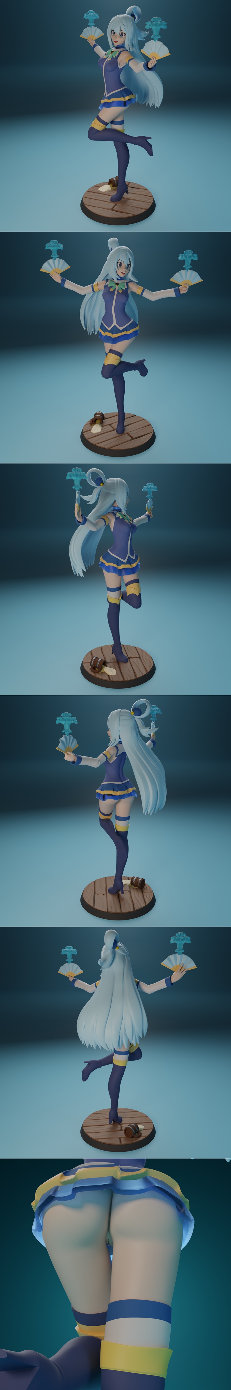 Aqua from Konosuba anime 3D model figure, holding two fans, wearing blue and yellow outfit with thigh-highs, standing...