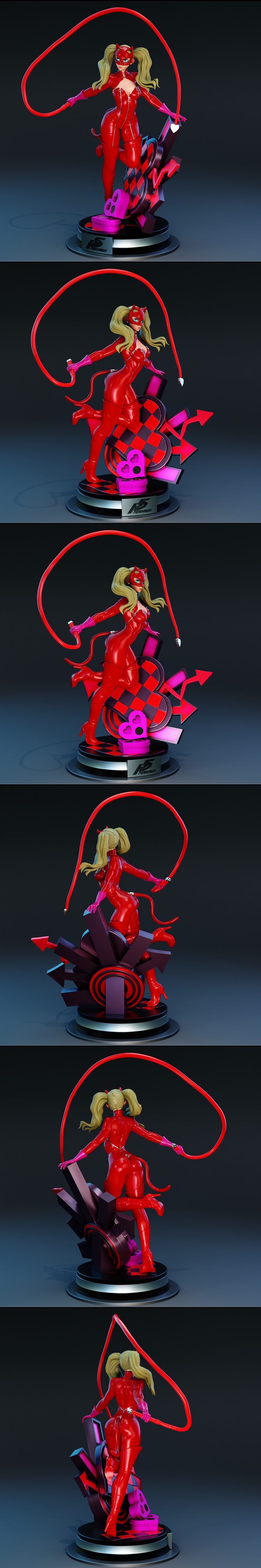 Ann Takamaki as Panther from Persona 5, wearing a red catsuit and cat ears, holding a red whip, posed on a black and...