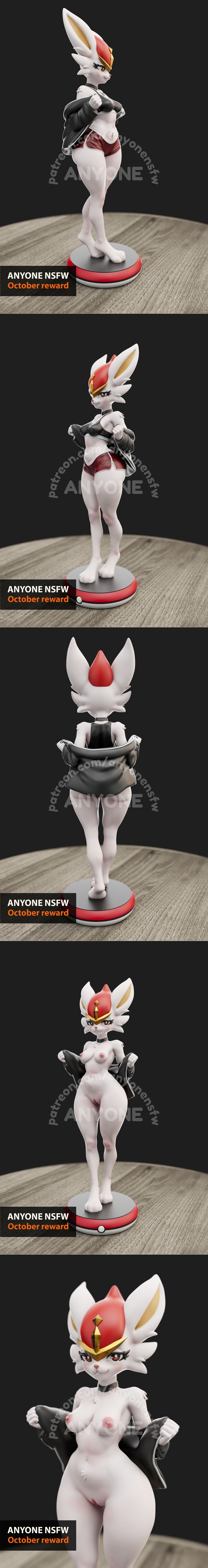 Anthropomorphic Cinderace figure from Pokémon, wearing a sports bra, shorts, and jacket, standing on a Poké Ball base.