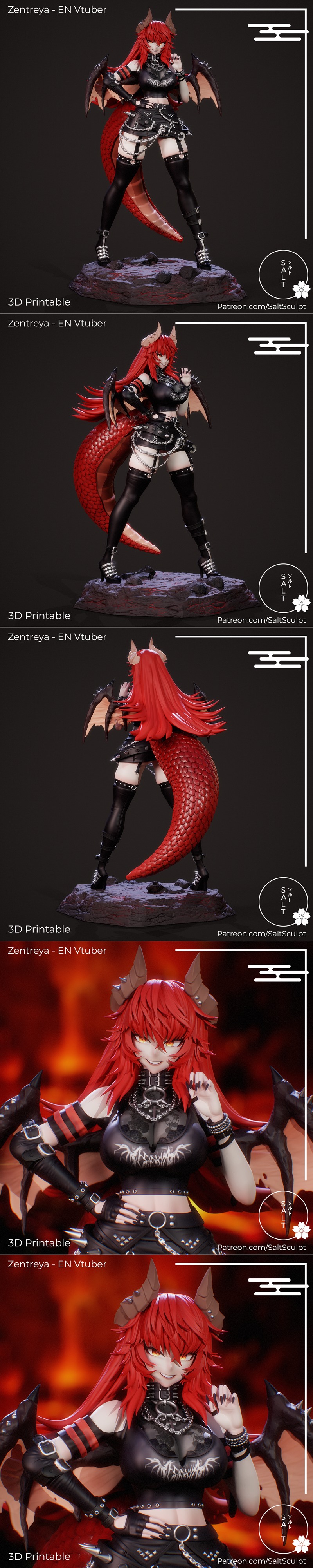 Zentreya EN Vtuber 3D model figure with red hair, horns, wings, and gothic attire, standing on a rocky base.