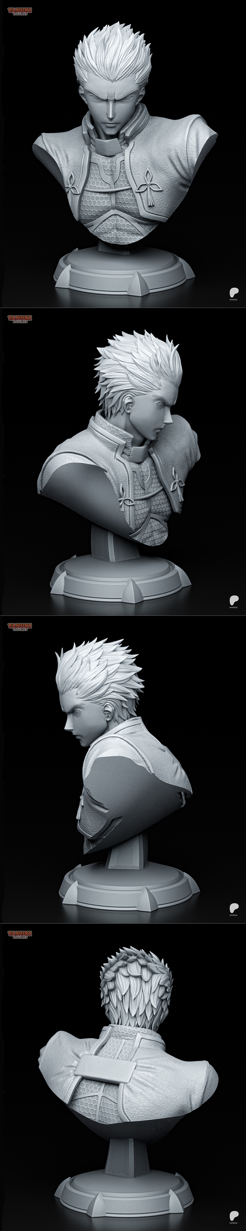 Bust of Archer from Fate/stay night by Tanuki Figures, featuring spiky hair, determined expression, textured vest, an...