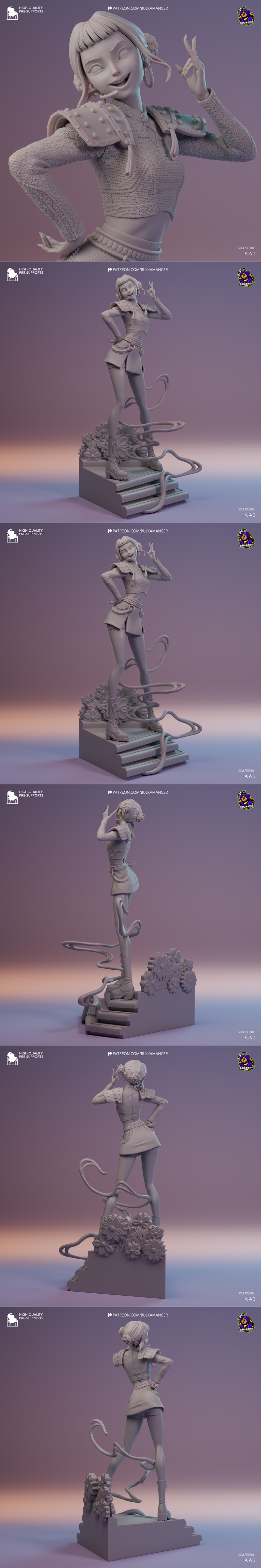 3D model of Zoey, a K-pop demon hunter, in a black and gold stage outfit with white accents, striking a pose with a m...