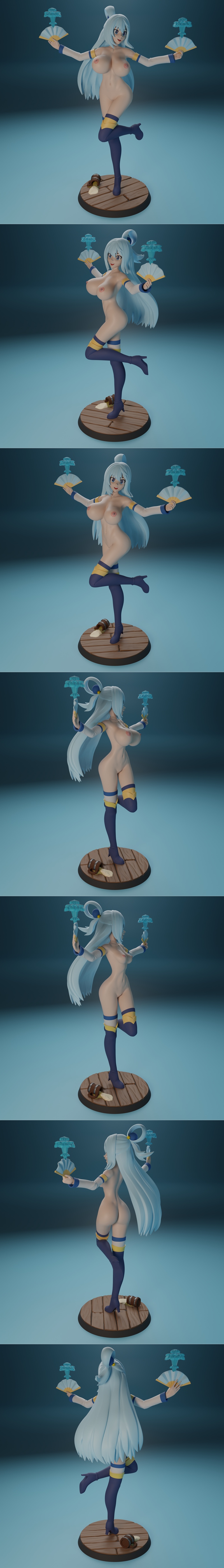 Aqua from Konosuba anime 3D model figure, holding two fans, wearing blue and yellow outfit with thigh-highs, standing...
