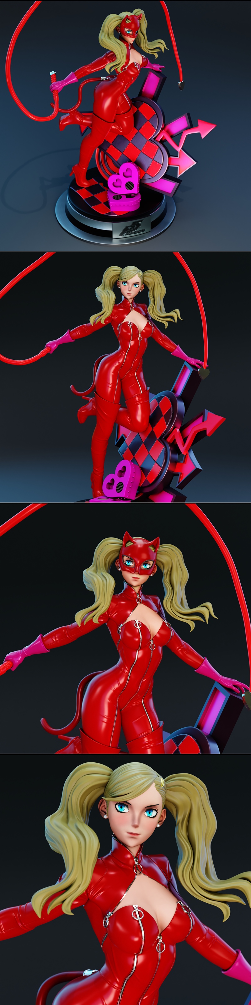 Ann Takamaki as Panther from Persona 5, wearing a red catsuit and cat ears, holding a red whip, posed on a black and...