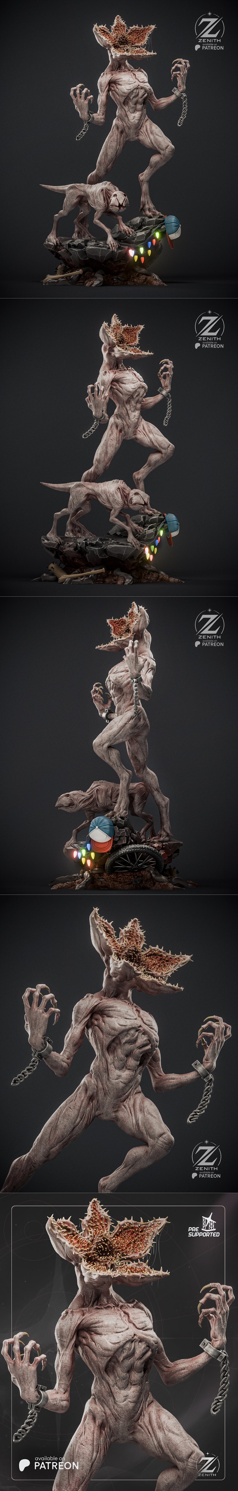 Demogorgon and Demodog 3D model diorama from Stranger Things, standing on a rocky base with Christmas lights and a ba...