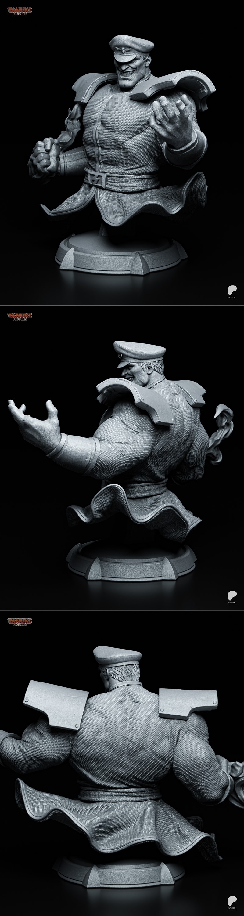 M. Bison bust from Street Fighter, wearing a military cap and jacket, with an evil grin and a flame effect in his han...