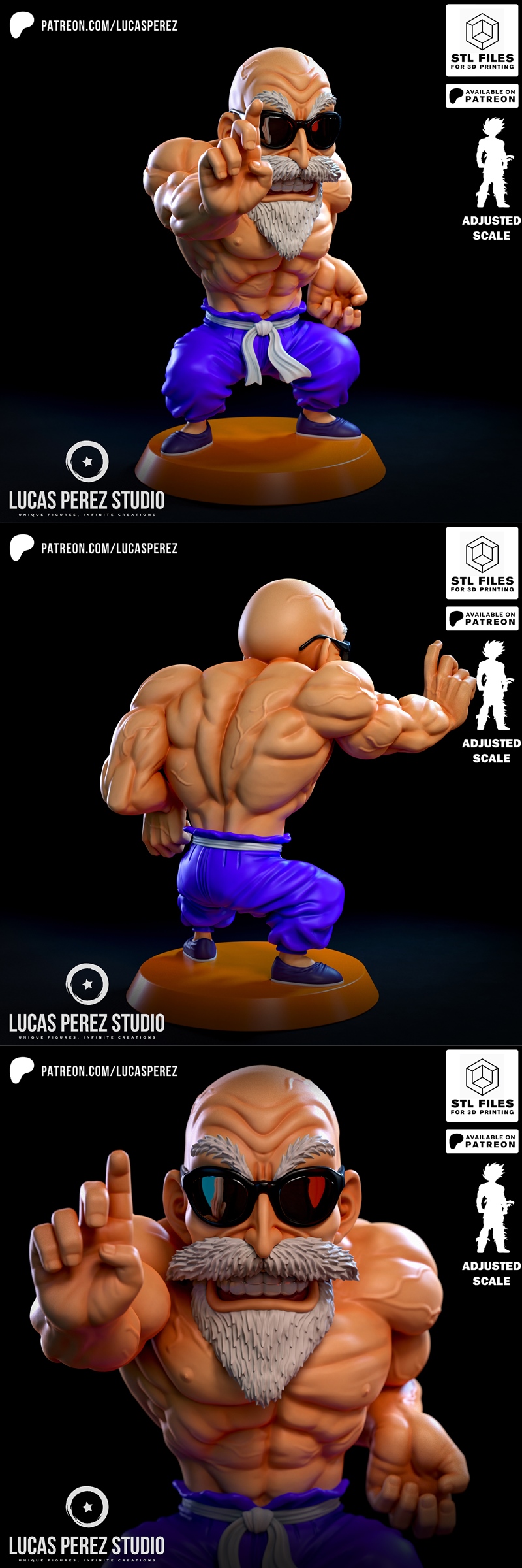 3D model of Maestro Roshi from Dragon Ball, muscular old man with white beard, wearing sunglasses and purple pants, s...