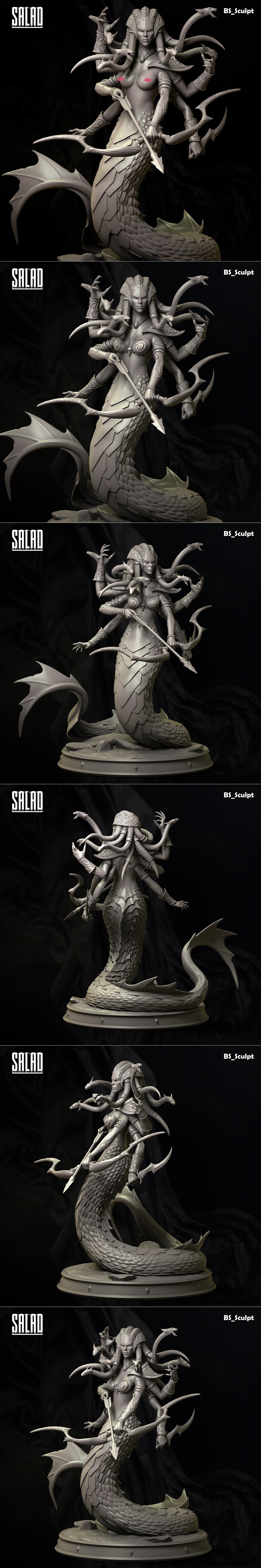 BS-Sculpt Bulat 3D model of The Lady Naga, a multi-armed naga with a serpentine tail, drawing a bow and arrow, with s...