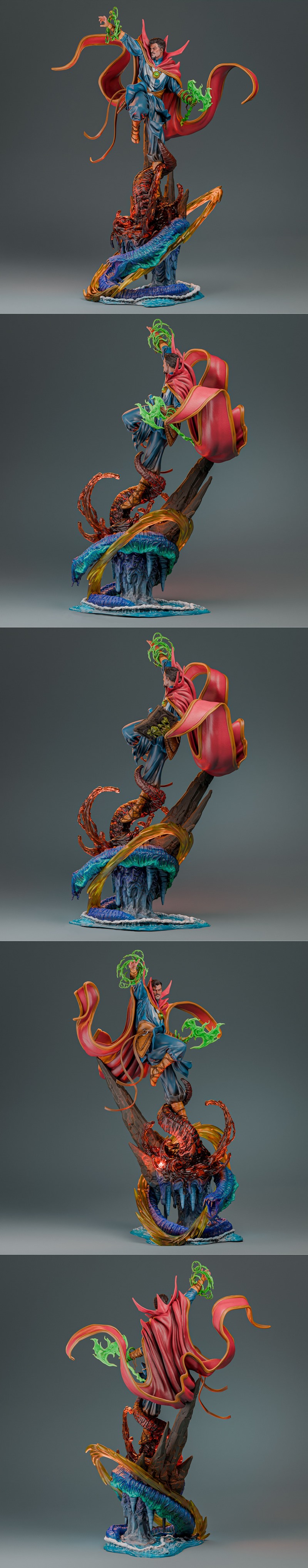 Doctor Strange figure in mid-air, casting green magic spells while battling a fiery monster. He wears his blue robes...