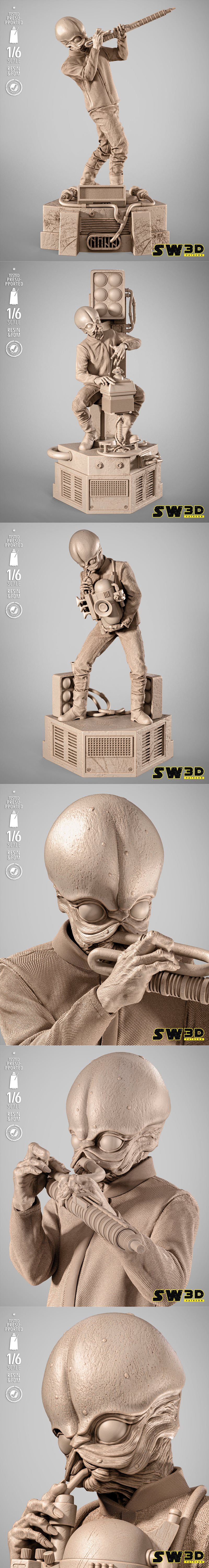 Figrin D'an, the Bith musician from Star Wars, plays a Kloo horn while standing on a cantina stage prop. Model by SW3D.