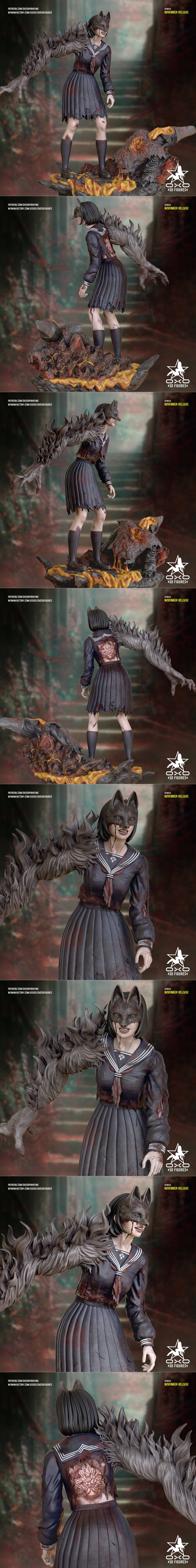 3D model figure of Shimizu, a female character in a tattered Japanese school uniform and a cat mask, with a monstrous...
