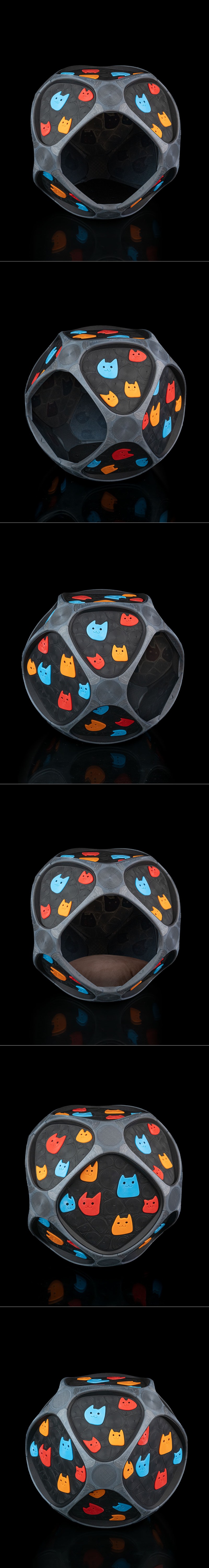 Spherical pet house with geometric panels decorated with colorful cat face icons, featuring an open entrance and a br...