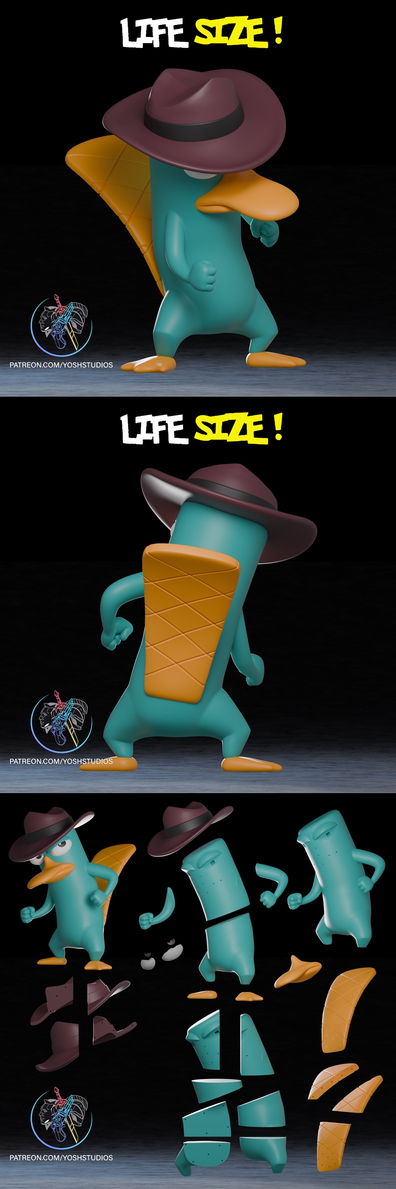 Perry the Platypus wearing a brown fedora, standing in a heroic pose with fists clenched. Teal body, orange beak and...