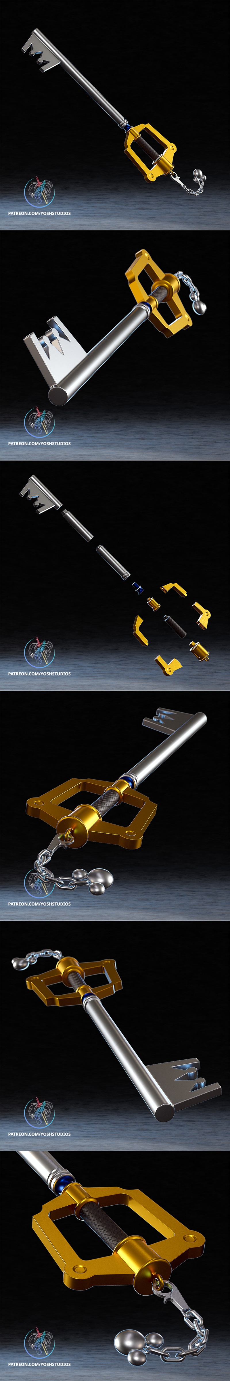 3D model of the Kingdom Key weapon from Kingdom Hearts, featuring a gold hilt and silver blade with a Mickey Mouse ch...