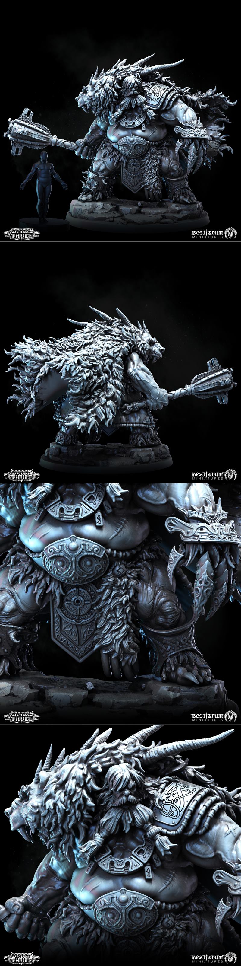 Thulean Champion miniature from Bestiarum Miniatures, a horned beastman with fur armor and a mace, standing on a rock...
