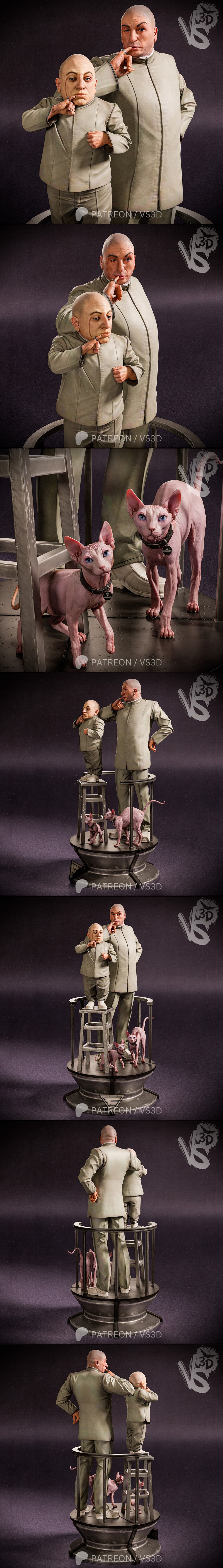 VS3D 3D model of Dr. Evil and Mini Me from Austin Powers, standing side-by-side in matching grey suits.
