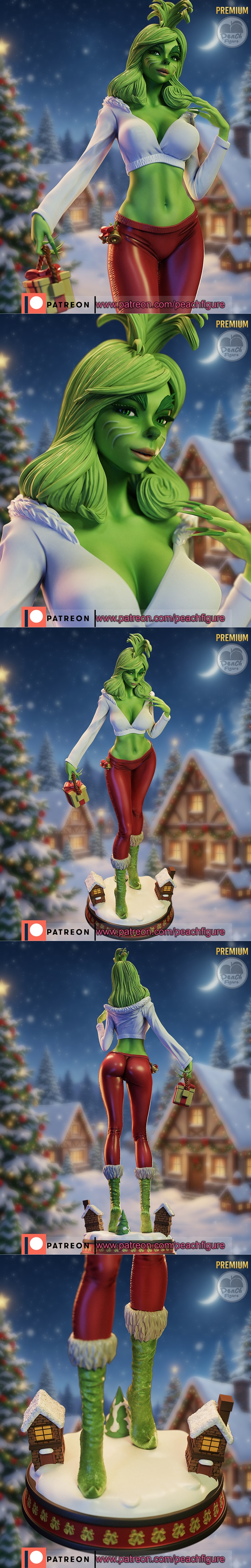 Female Grinch 3D model figure, green skin, wearing white crop top and red pants, holding a gift, festive Christmas vi...