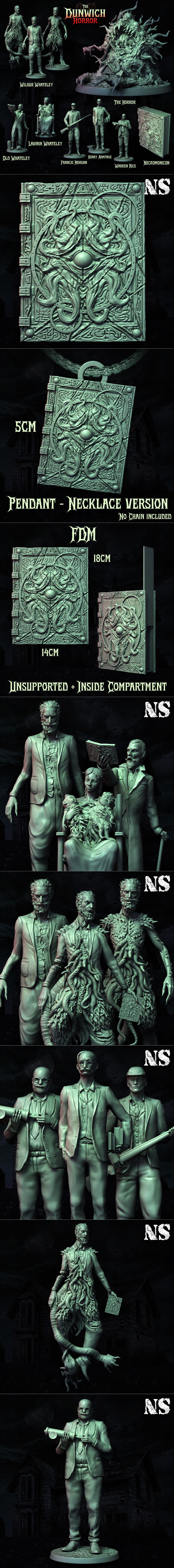 Collection of 3D printed figures depicting The Dunwich Horror, a woman holding two creatures, a man reading a book, a...
