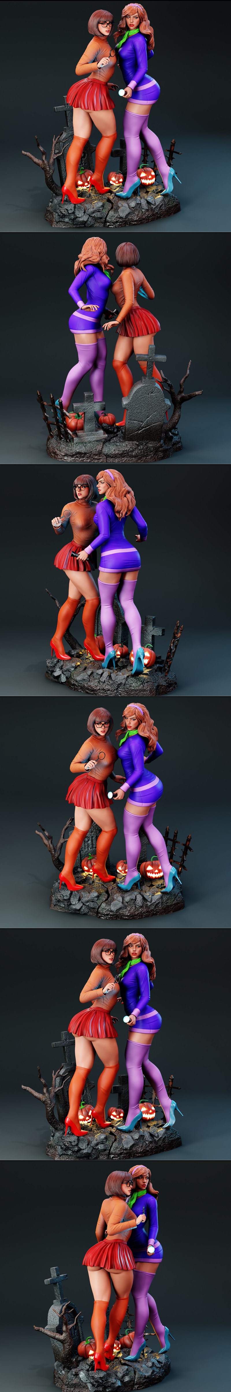 3D model of Daphne and Velma from Scooby-Doo on a Halloween-themed base with gravestones and pumpkins. Velma holds a...