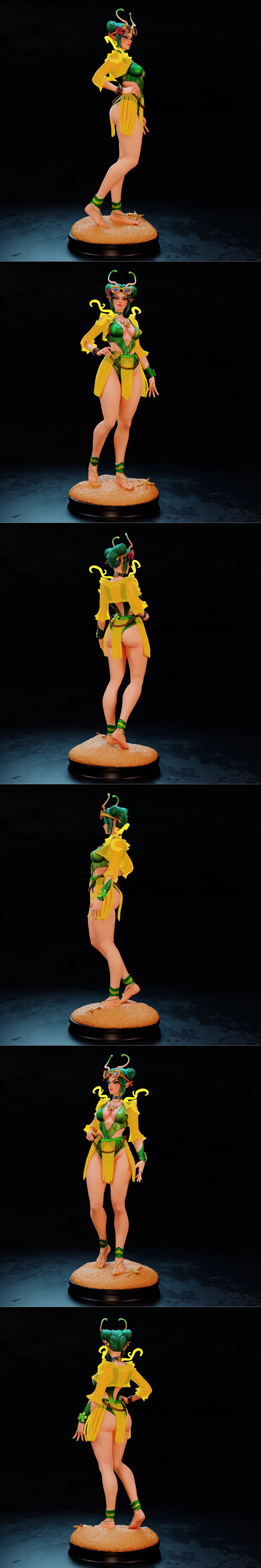 Mantis character in a green and yellow summer outfit, wearing sunglasses and antennae, posed on a sandy base with a s...