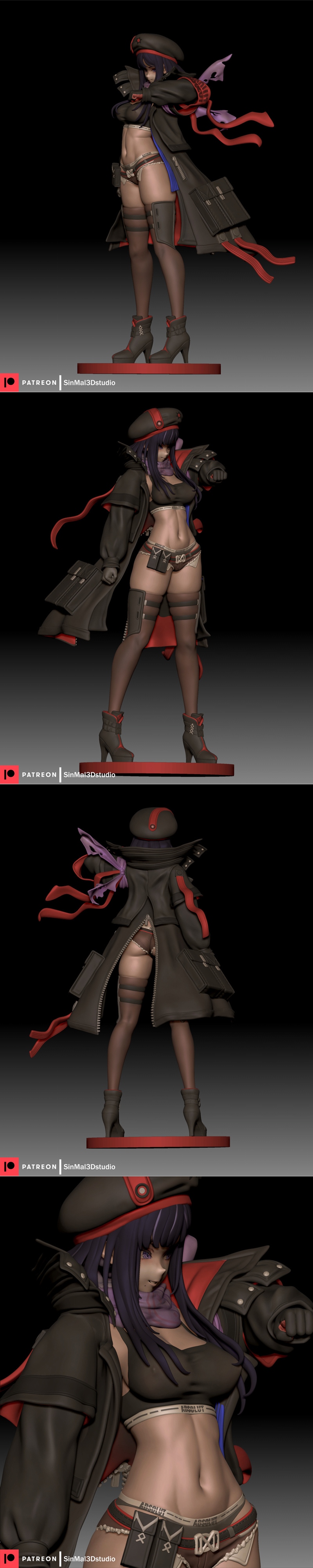 3D model of Eunhwa from NIKKE, standing with a confident expression, wearing a beret, crop top, tactical shorts, and...