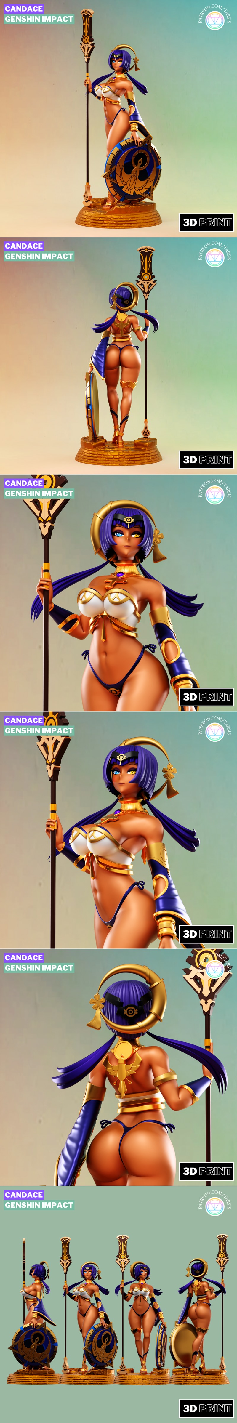 Candace from Genshin Impact 3D print model by Tarsis, holding a spear and shield, wearing a blue and white swimsuit,...
