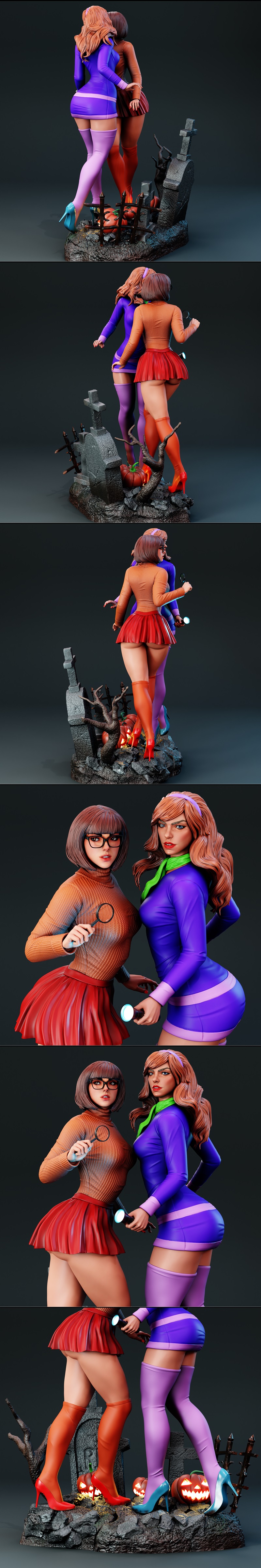 3D model of Daphne and Velma from Scooby-Doo on a Halloween-themed base with gravestones and pumpkins. Velma holds a...